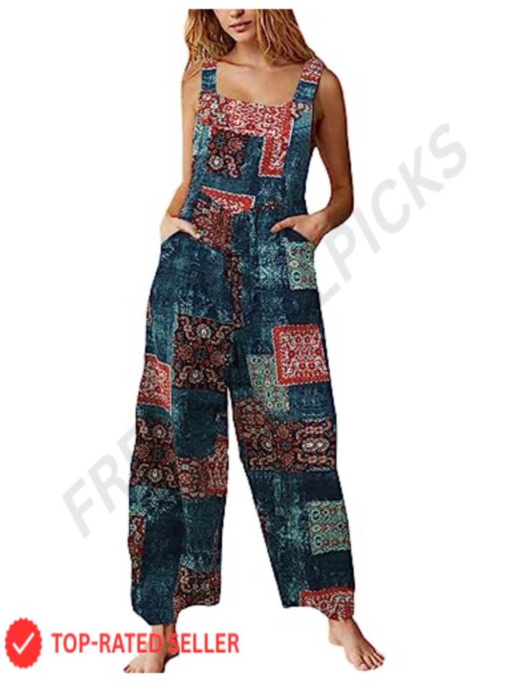 Women's Patchwork Floral Bohemian Jumpsuit with Pockets